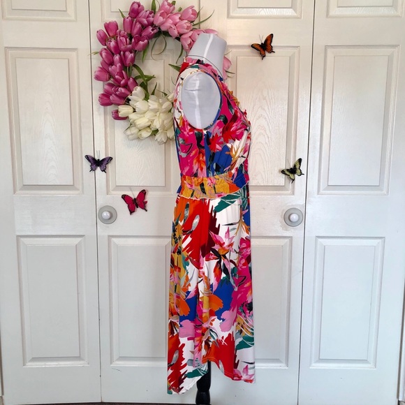 💼 Colorful V Neck Blossom Scarf Hem Sleeveless Dress - Picture 4 of 9